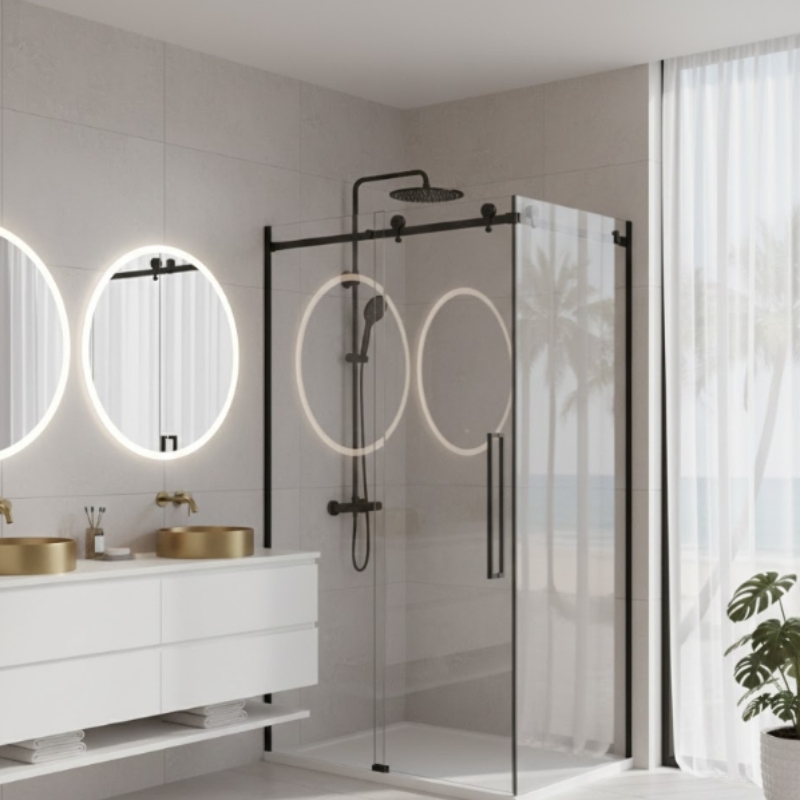 Frameless sliding shower screens in a modern Gold Coast bathroom