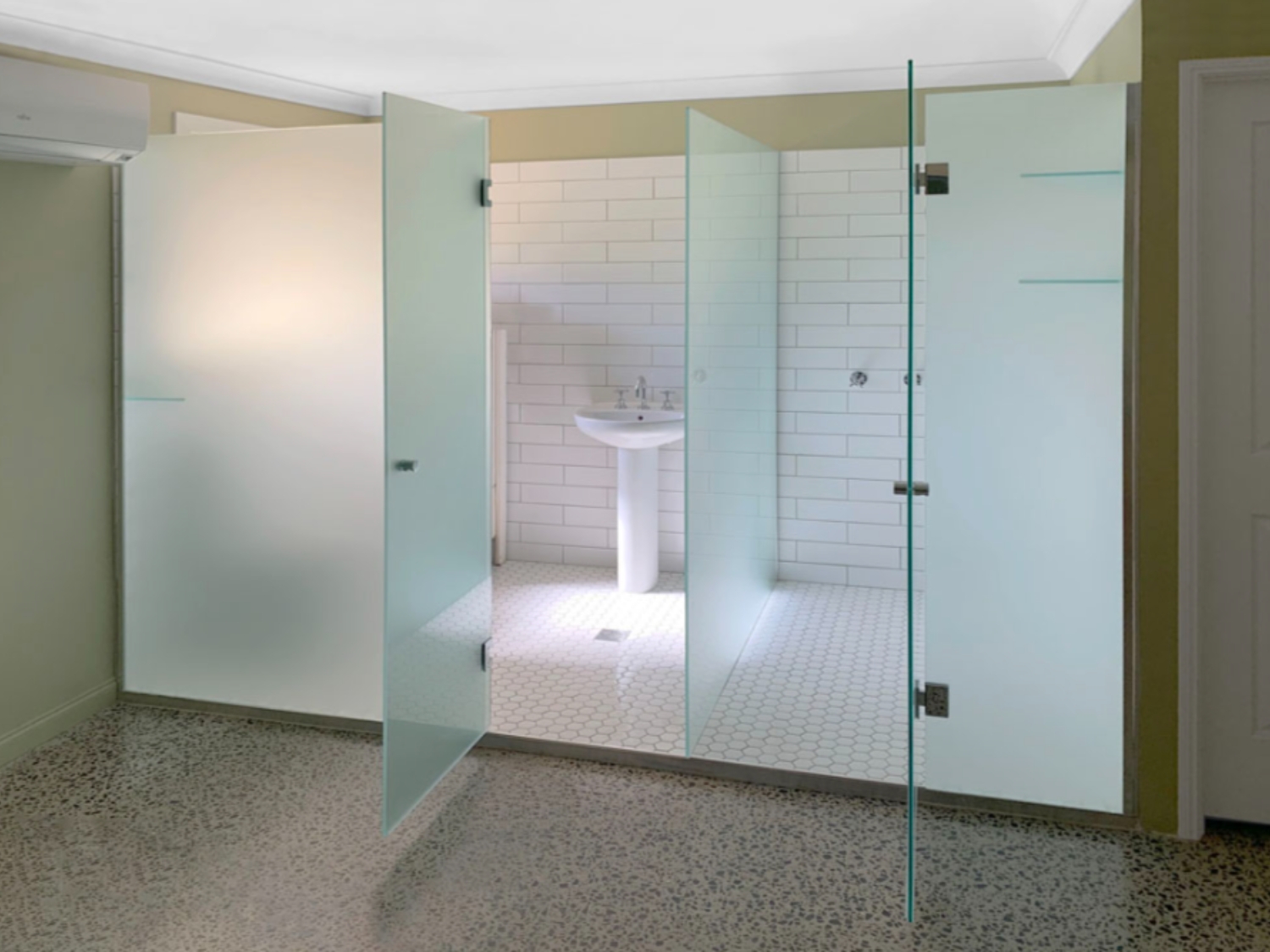 Frosted glass shower screens installed in a large bathroom, demonstrating layout ideas for How to Install Shower Screen.