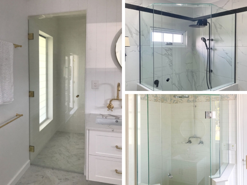 A collage of three compact shower designs using clear glass shower screens for small bathrooms in different layouts.