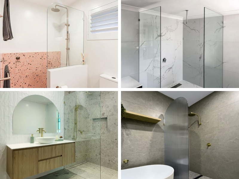 Collage of bathrooms displaying multiple types of shower screens, including frameless, curved, and panel styles.